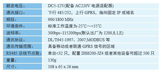 DH6200-GPRS3型 數據采集終端規格及技術參數